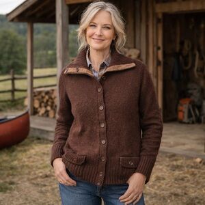 Eddie Bauer Womens 2XL Cardigan Sweater Lambs Wool Cashmere Elbow Patches Preppy